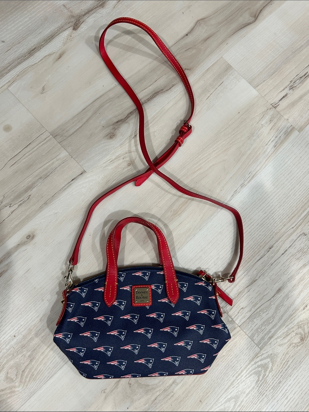 Dooney & Bourke Navy and Red Crossbody Satchel with Patriots Team Print
